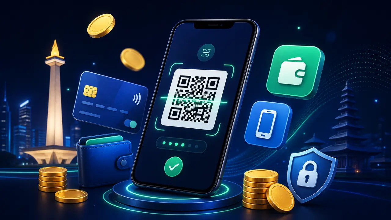 Ilustrasi metode pembayaran QRIS, e-wallet, dan bank lokal Indonesia